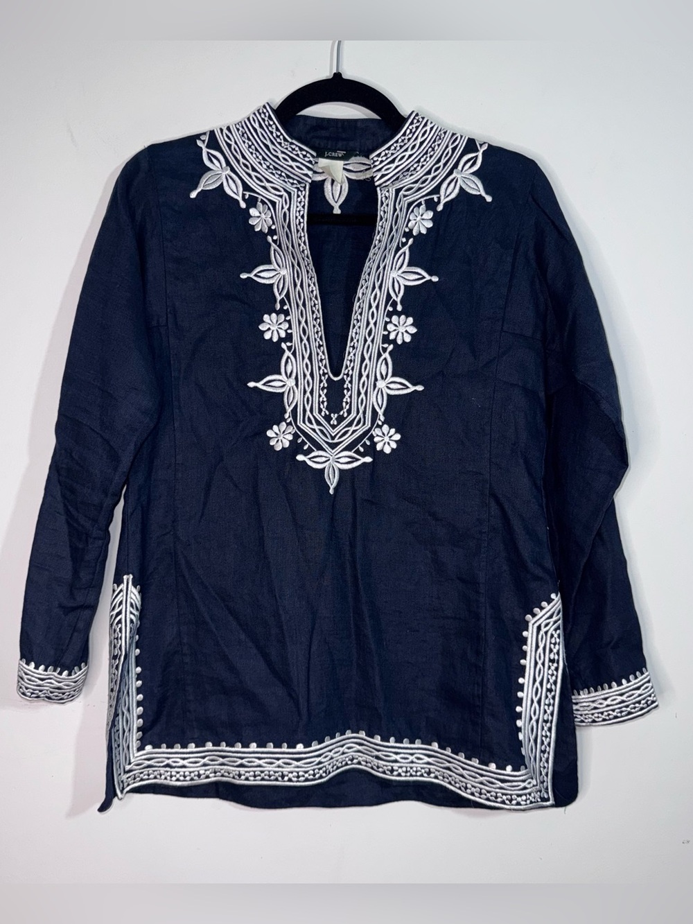 J.Crew 100% Linen Navy White Embroidered Top Size S Boho Coastal 3/4 Sleeve